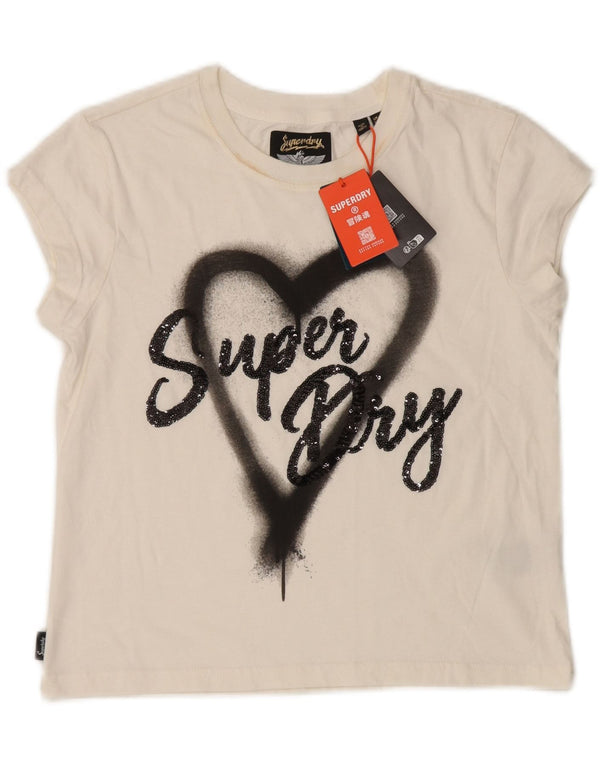 Superdry Womens Crop Graphic T-Shirt Top UK 12 Medium Off White Bomuld