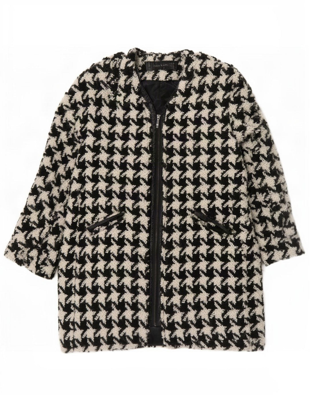 Zara Dame Overfrakke UK 16 Large Black Houndstooth Uld
