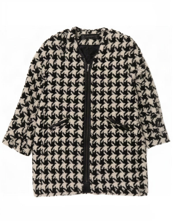 Zara Dame Overfrakke UK 16 Large Black Houndstooth Uld