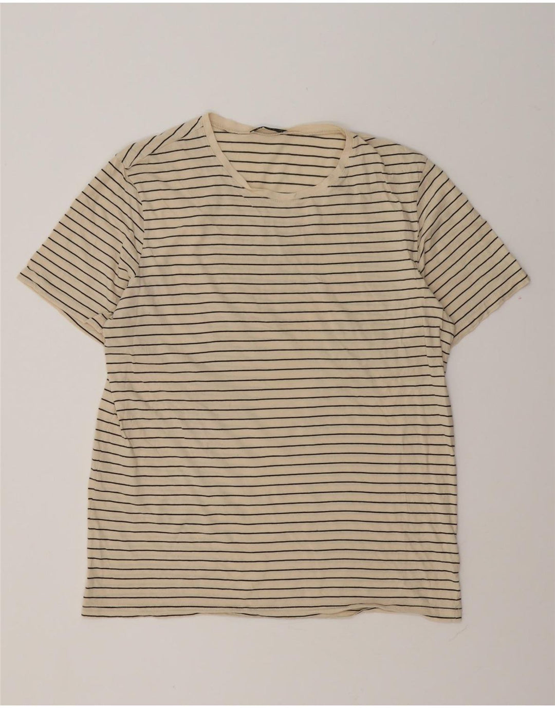 Zara Herre T-Shirt Top Stor Beige Stribet Bomuld
