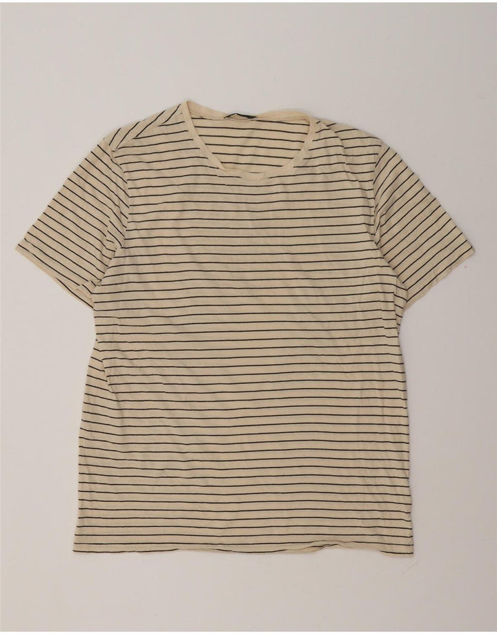 Zara Herre T-Shirt Top Stor Beige Stribet Bomuld