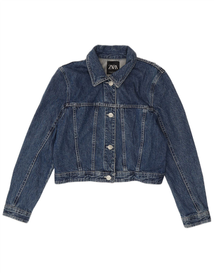 Zara Dame Crop Denim Jacket UK 10 Small Blue Cotton