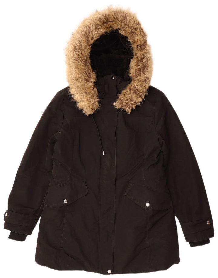 Zara Dame Hooded Parka Jacket UK 18 XL Sort Polyester