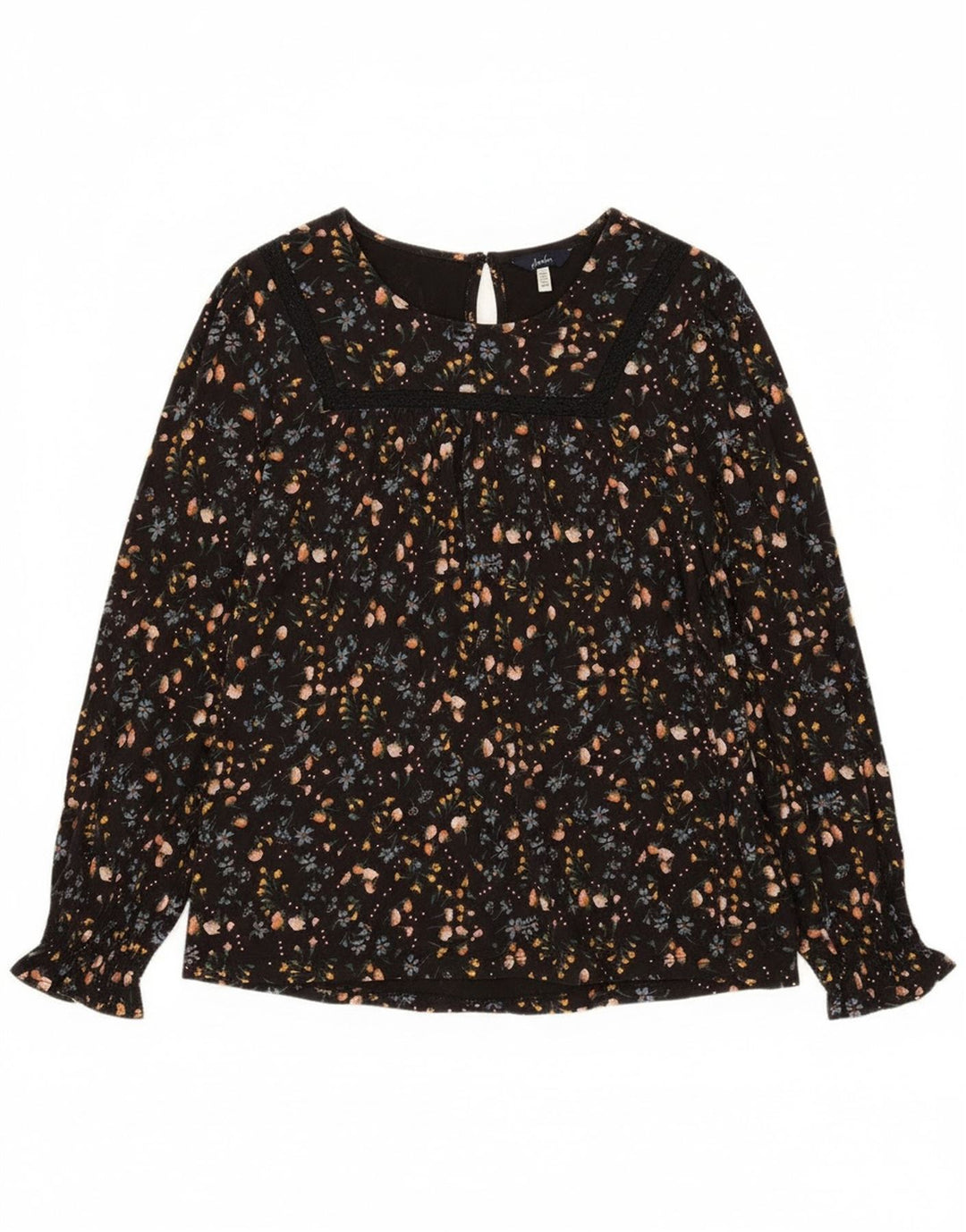 Joules Dame Langærmet Bluse Top UK 12 Medium Black Floral Bomuld