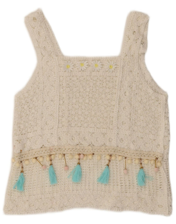 VINTAGE Womens Crop Crochet Vest Tank Top UK 10 Small White Bomuld