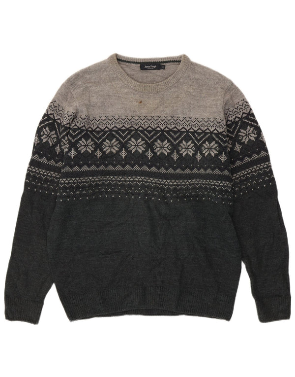 JAMES PRINGLE Herre Boat Neck Jumper Sweater Medium Grey Fair Isle Akryl
