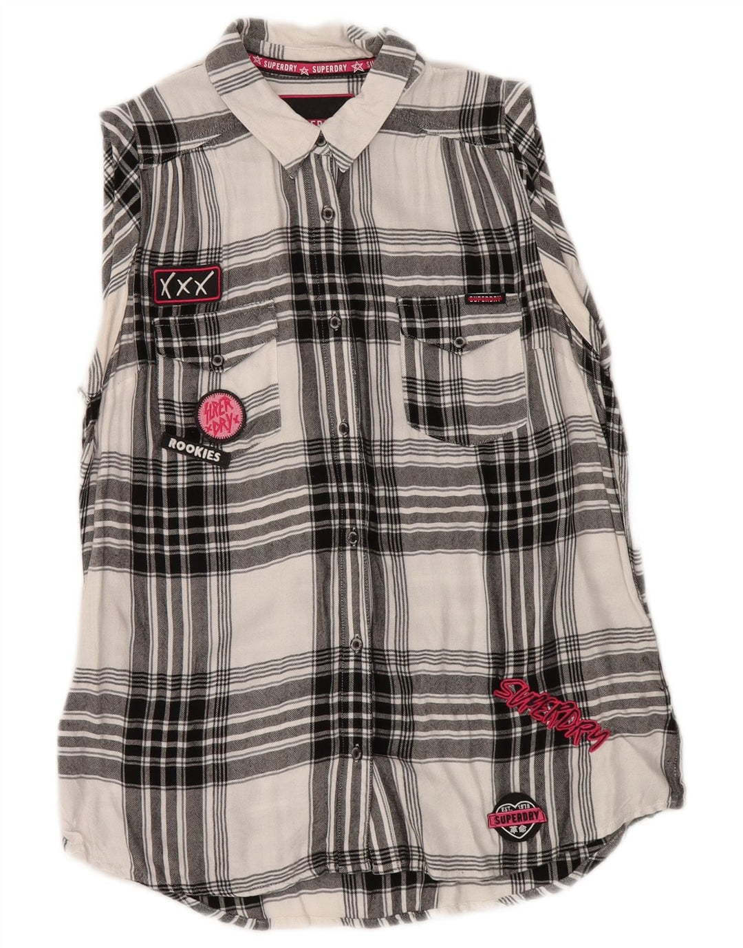 Superdry grafisk flannelskjorte til kvinder UK 14 Medium Black Check Viscose