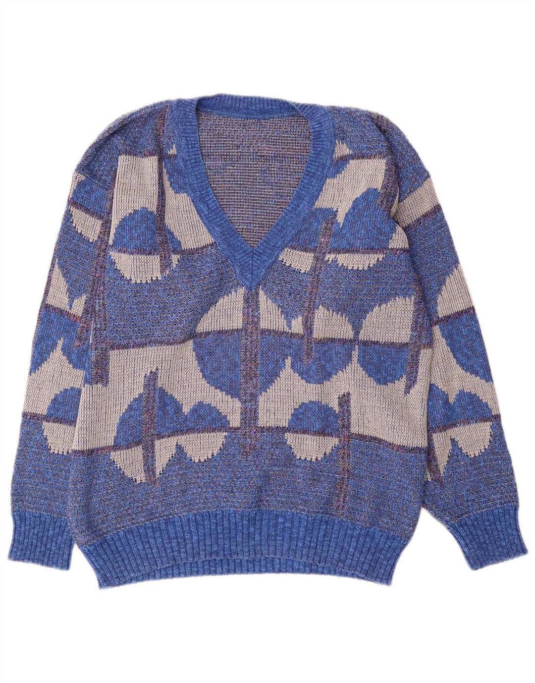 Vintage Herre V-hals sweater IT 50 Medium Blue Geometrisk Bomuld