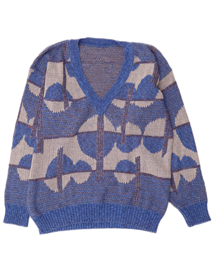 Vintage Herre V-hals sweater IT 50 Medium Blue Geometrisk Bomuld