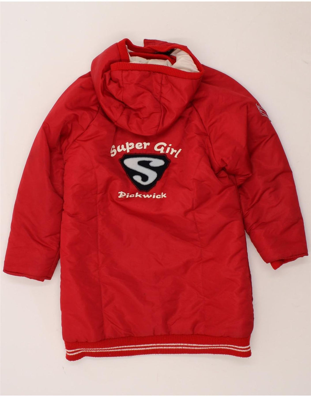 PICKWICK Girls Graphic Hooded Padded Coat 13-14 Years Large Red Polyamide Vintage Pickwick and Second-Hand Pickwick from Messina Hembry 