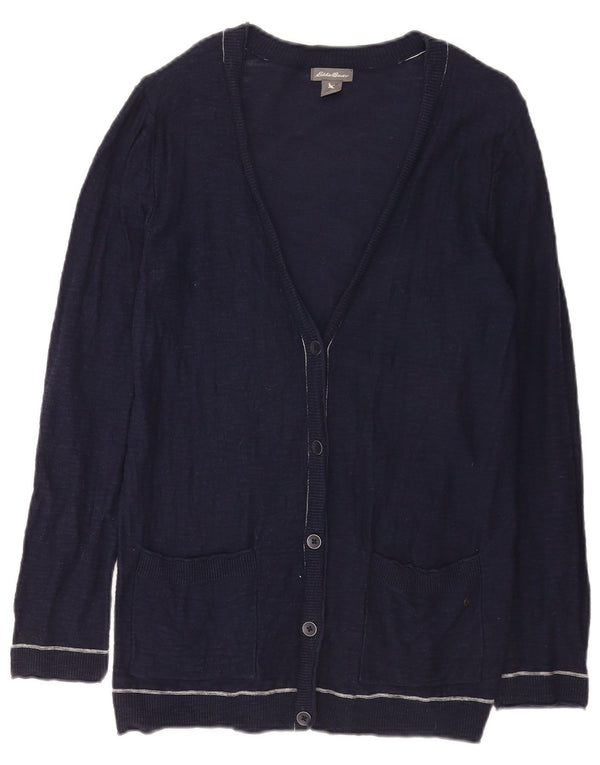 Eddie Bauer Dame Cardigan Sweater UK 14 Large Navy Blue Bomuld