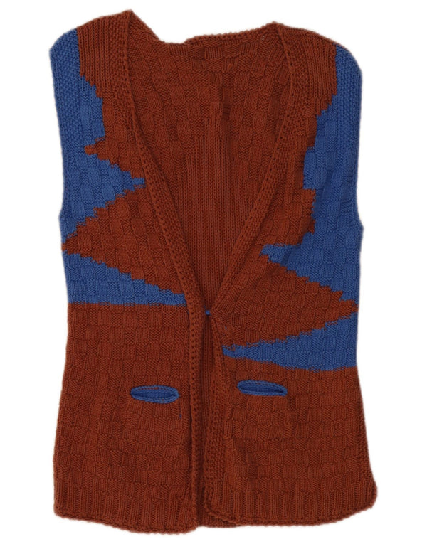 VINTAGE Dame ærmeløs cardigan sweater UK 8 Small Brown Colourblock