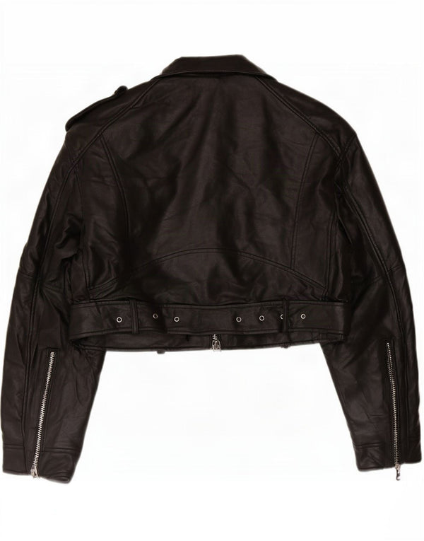 Zara Womens Crop Biker-jakke i imiteret læder UK 18 XL Sort Polyester