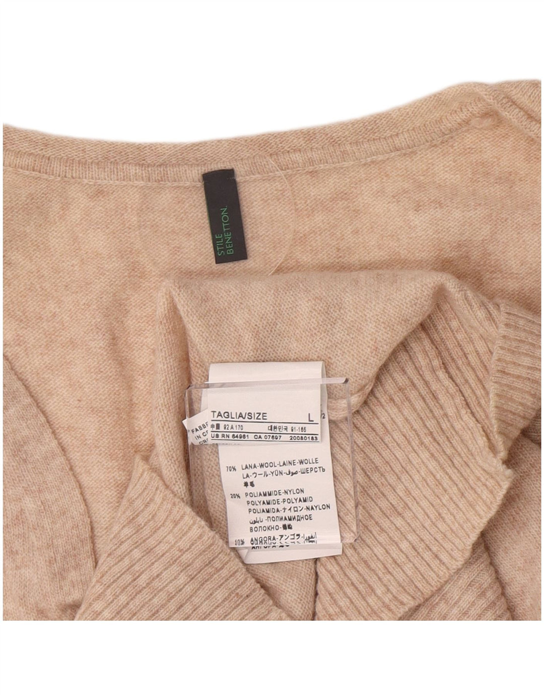 Benetton Dame V-hals sweater UK 14 Stor Beige Uld
