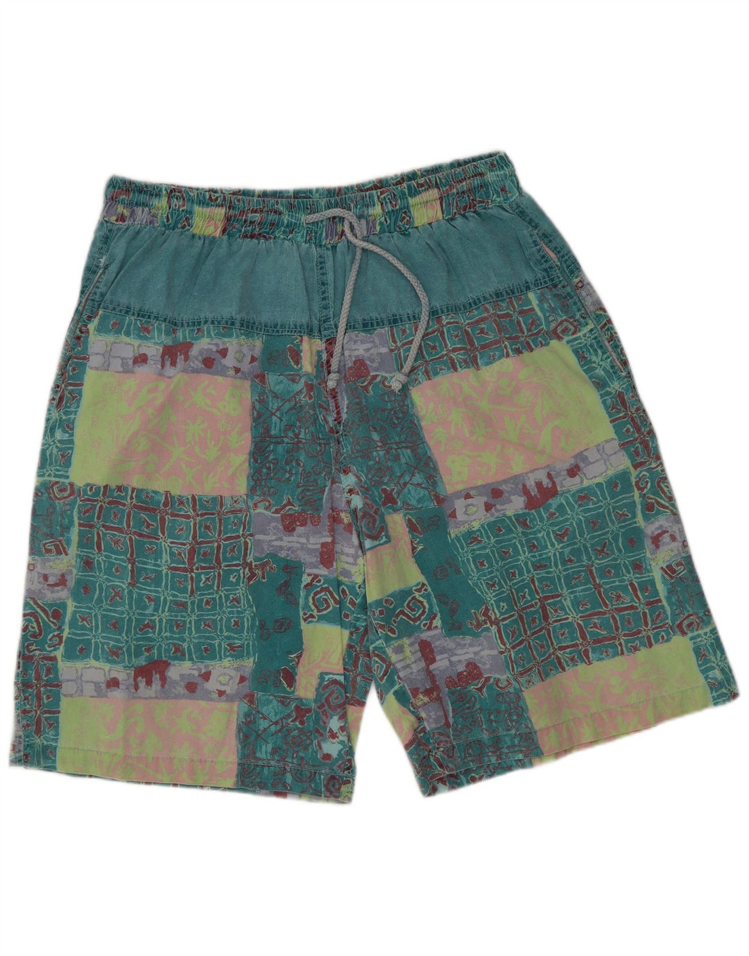 Vintage Herre grafiske Casual Shorts XL W32 Grøn Patchwork Bomuld