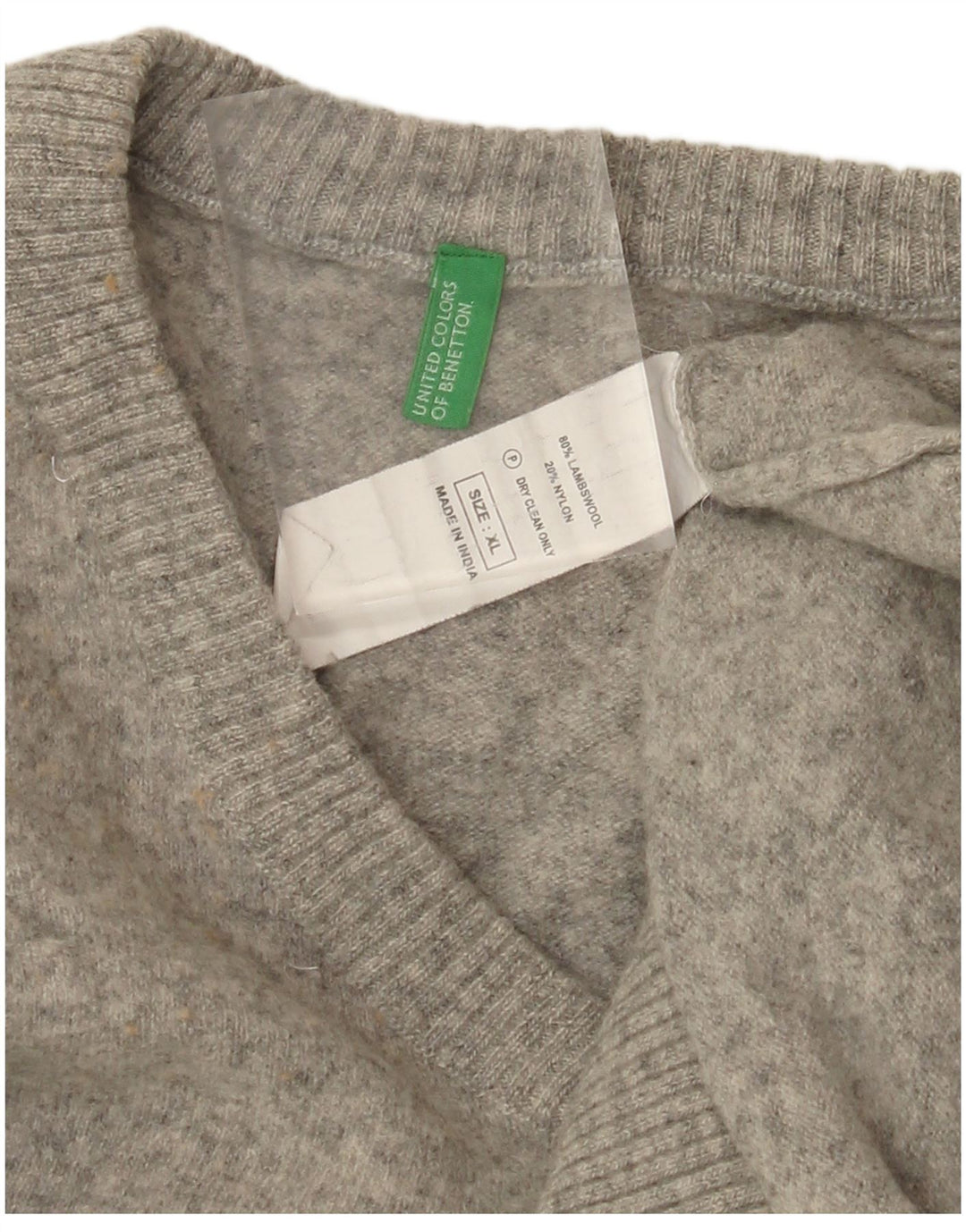 BENETTON Dame V-hals sweater UK 18 XL Grå lammeuld