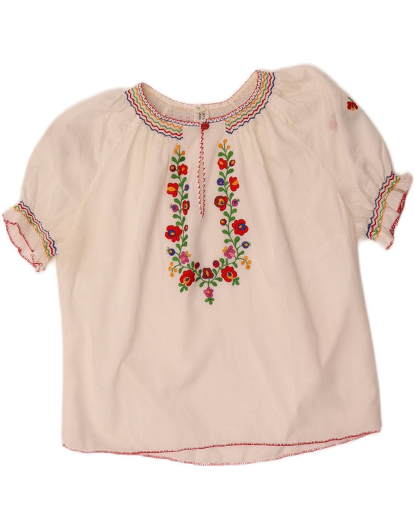 VINTAGE Womens Crop Bluse Top UK 16 Large White Floral Polyester