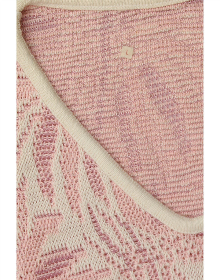 VINTAGE Womens Abstract Pattern V-Neck Jumper Sweater UK 16 Large Pink