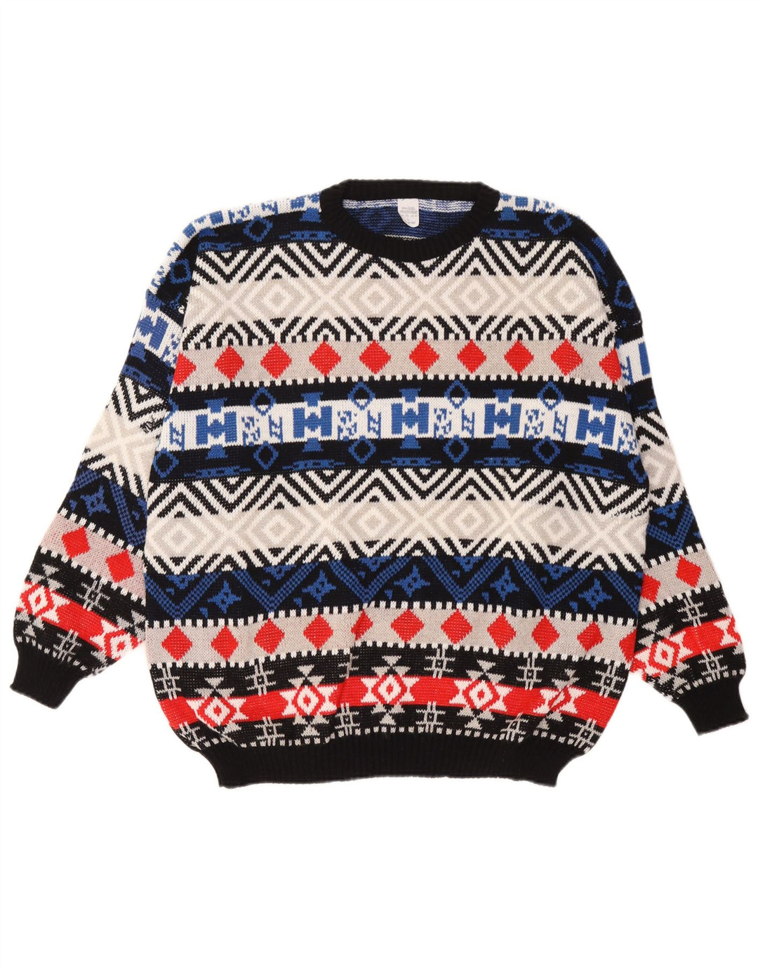 Vintage herre rund hals sweater stor flerfarvet geometrisk uld
