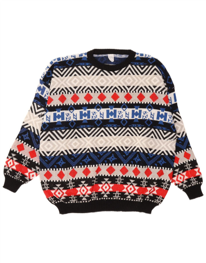 Vintage herre rund hals sweater stor flerfarvet geometrisk uld