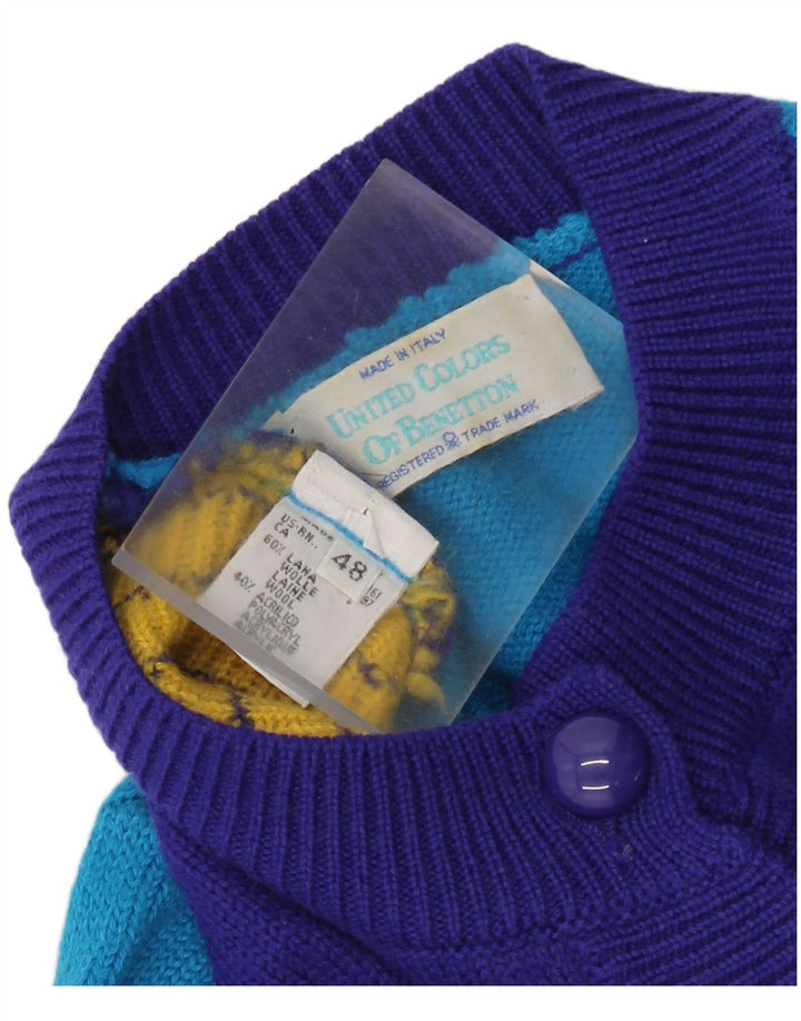 Benetton Womens Winter Crop Cardigan Sweater IT 48 XL Blå Colourblock Uld