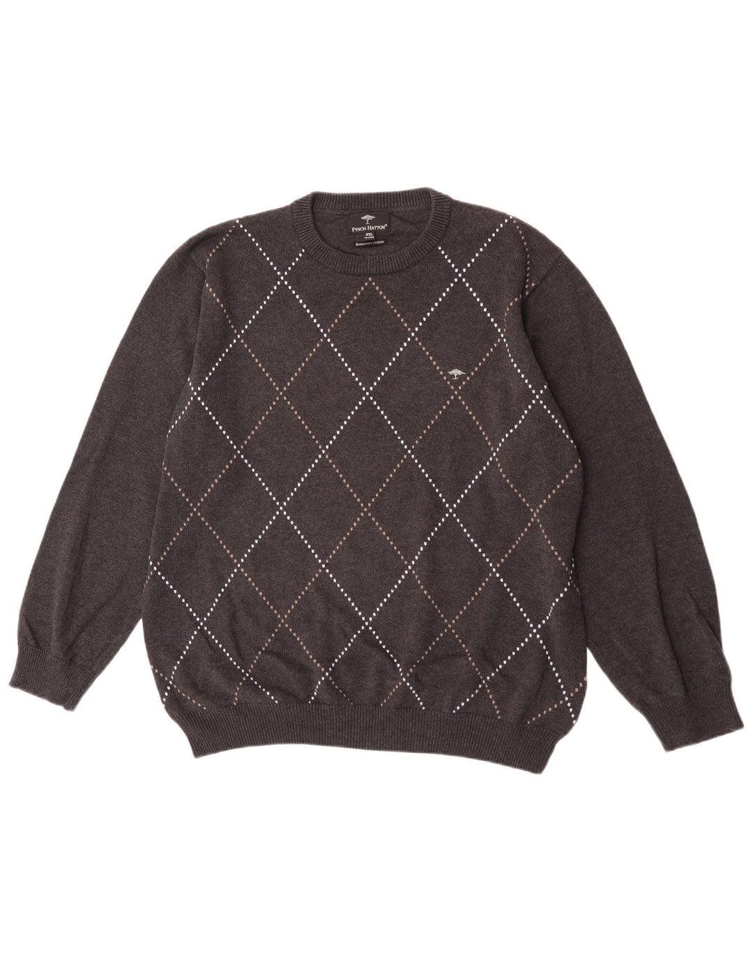 Fynch Hatton Herre sweater med rund hals 2XL Grå Argyle/Diamant Bomuld