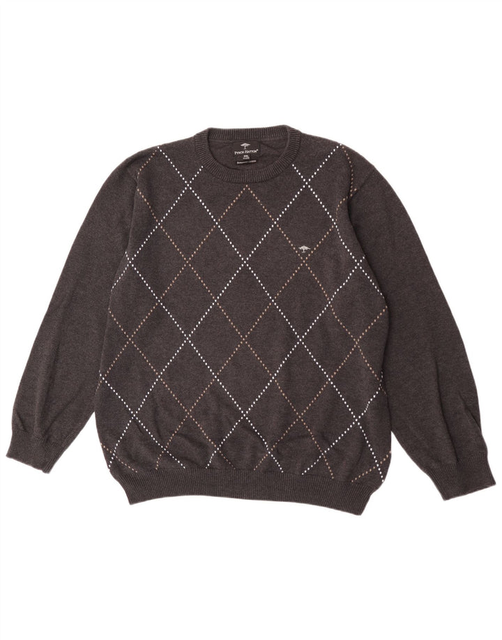Fynch Hatton Herre sweater med rund hals 2XL Grå Argyle/Diamant Bomuld