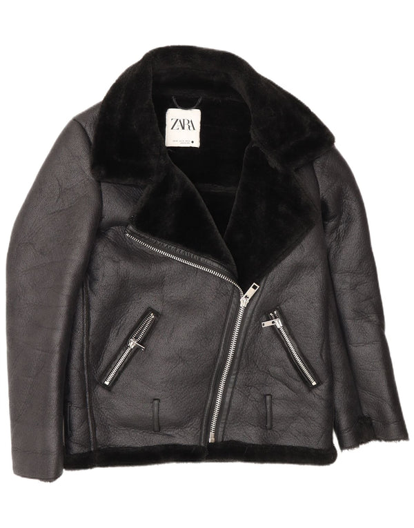 Zara Dame Oversized Loose Fit Biker Sherpa Jacket UK 6 XS Sort Polyester
