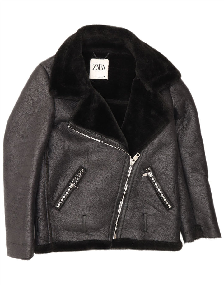 Zara Dame Oversized Loose Fit Biker Sherpa Jacket UK 6 XS Sort Polyester
