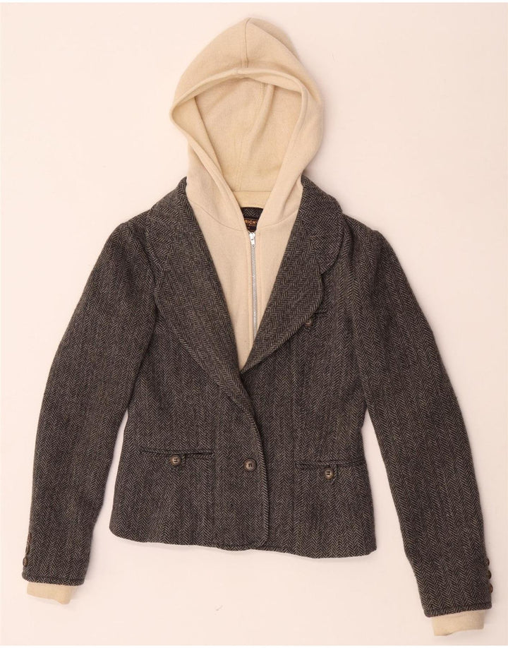 rig Dame 1 Knap Hætte Blazer Jacket UK 10 Small Grey Herringbone