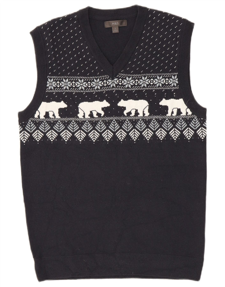 Marks & Spencer Herrevest Tank Top Small Navy Blue Fair Isle Akryl