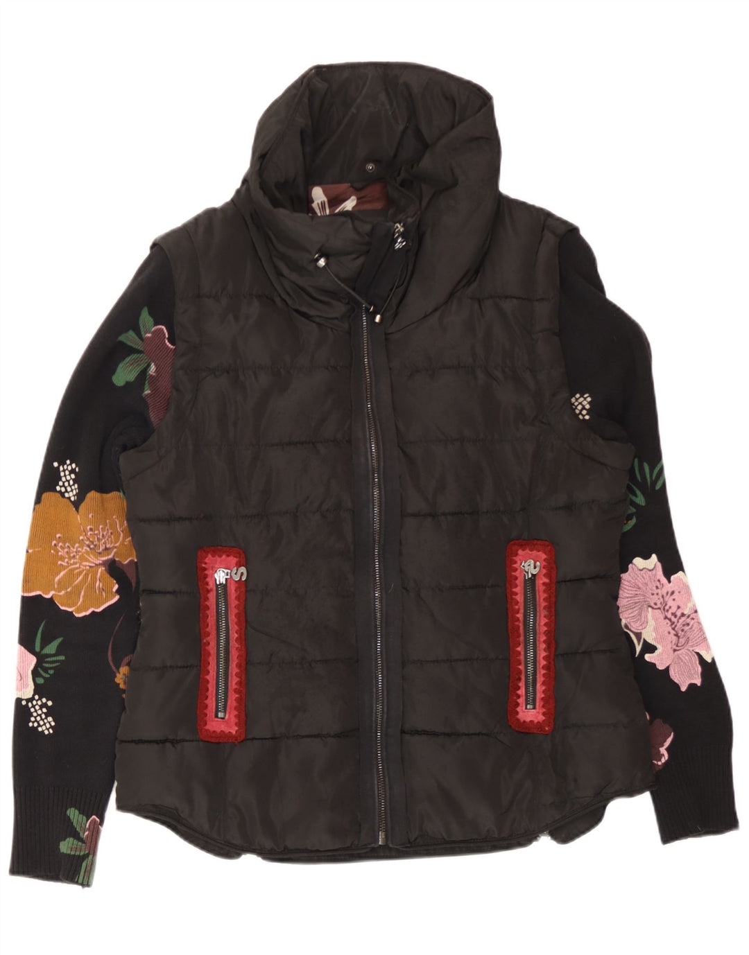 Desigual Polstret jakke til kvinder EU 40 Medium Sort Blomsterbomuld