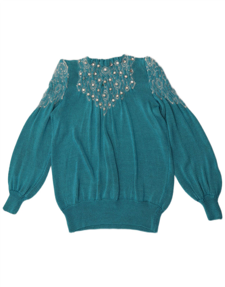 Vintage kvinders abstrakt mønster rund hals sweater UK 14 stor blå