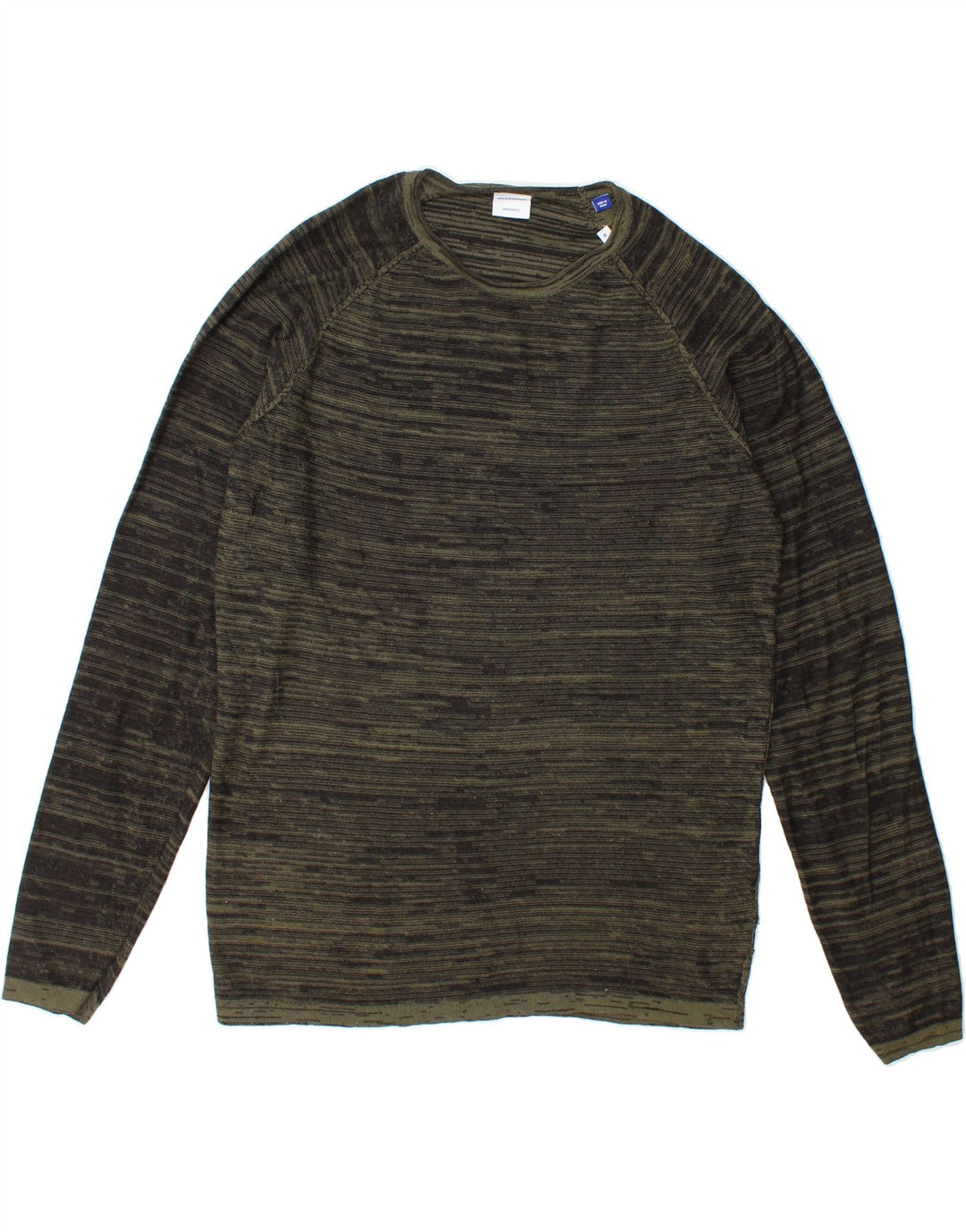 JACK & JONES Mens Crew Neck Jumper Sweater Medium Khaki Striped Cotton Vintage Jack & Jones and Second-Hand Jack & Jones from Messina Hembry 