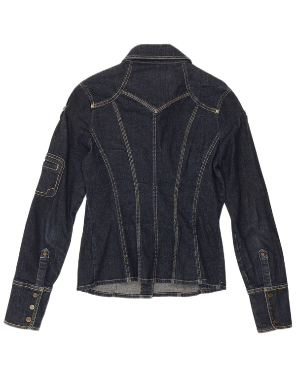 KAREN MILLEN Dame Military Denim Shirt UK 10 Small Blue Cotton