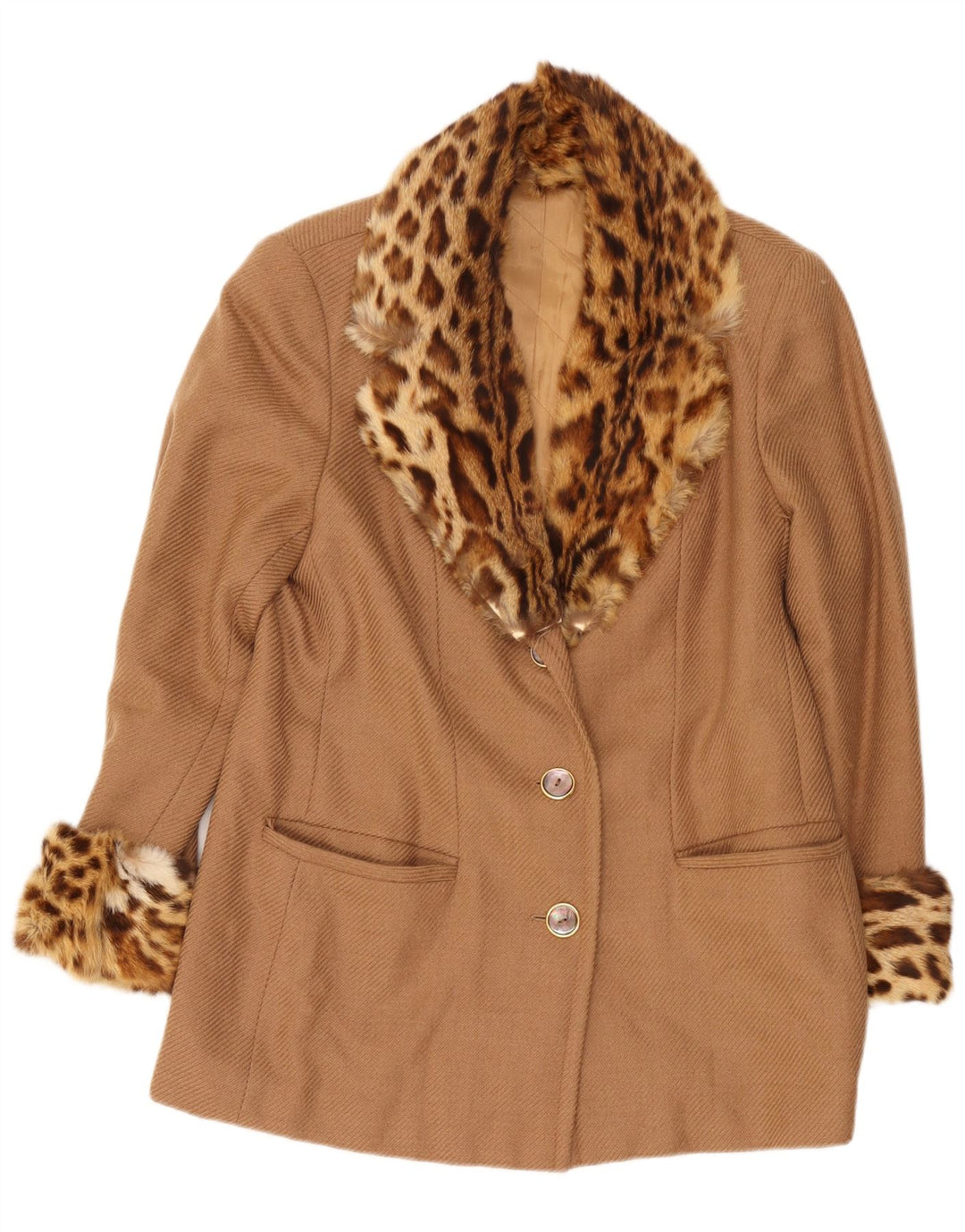Vintage kort overfrakke til kvinder UK 14 Medium Beige Animal Print