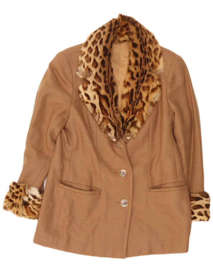 Vintage kort overfrakke til kvinder UK 14 Medium Beige Animal Print