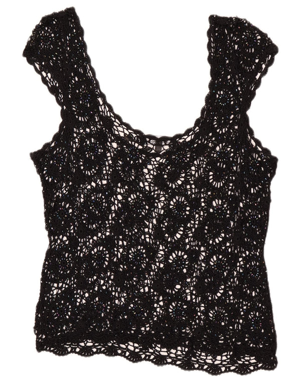 Femme Dame Hæklet Ærmeløs Se Through Top UK 20 2XL Sort Viscose