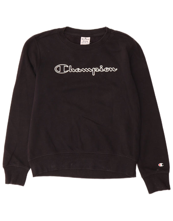 Champion Dame Grafisk Sweatshirt Jumper UK 14 Medium Sort Bomuld