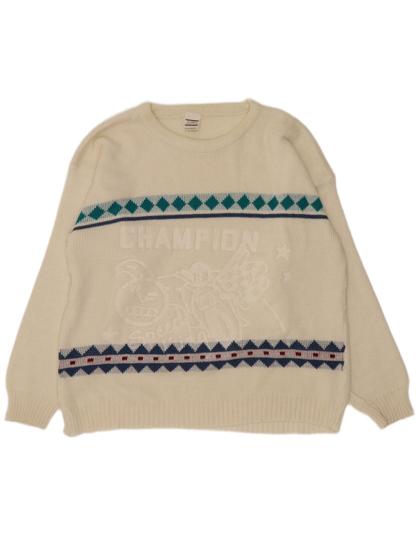 Vintage Herre Boat Neck Jumper Sweater Large Off White Argyle/Diamond