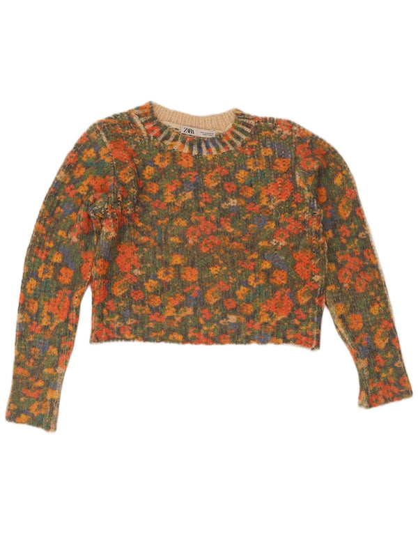 Zara Womens Crop Crew Neck Jumper Sweater UK 14 Medium Multicolored Floral