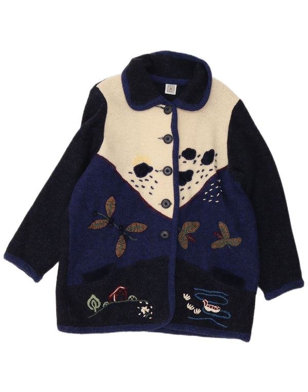 Vintage dame cardigan sweater UK 16 Large Navy Blue Colourblock Novelty