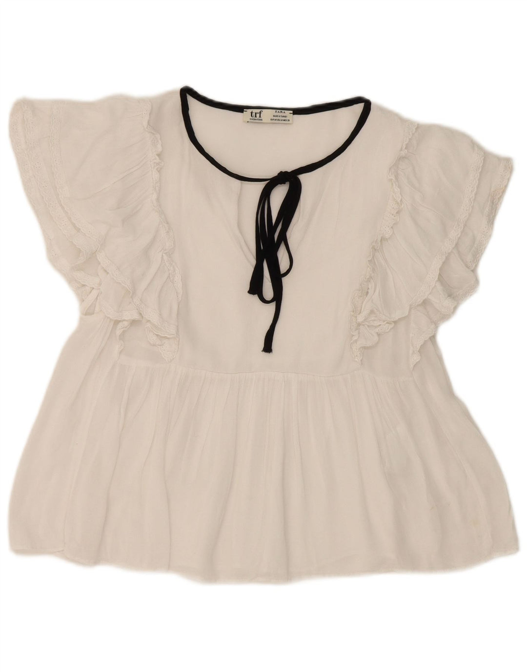 Zara Womens Front Tie Batwing Bluse Top UK 12 Medium White Bomuld