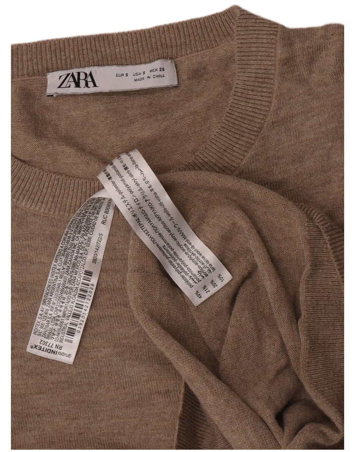 Zara Dame Oversized Crew Neck Jumper Sweater UK 10 Small Beige Polyester