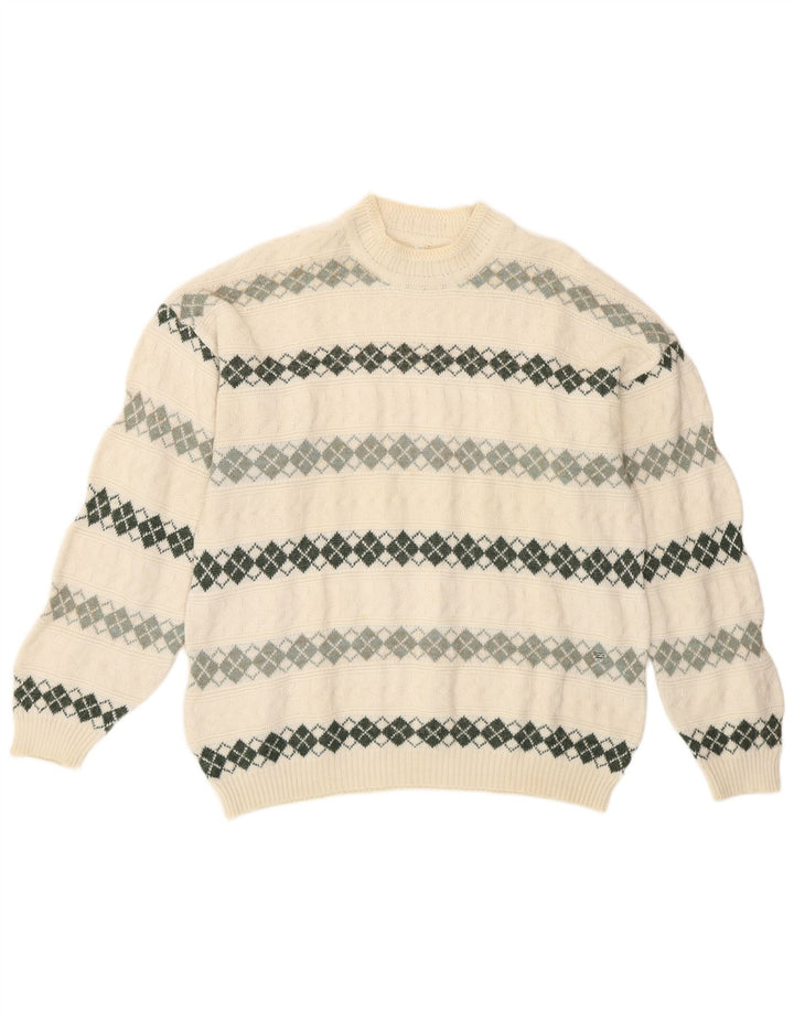 Vintage Herre Turtle Neck Jumper Sweater XL Off White Argyle/Diamond Retro