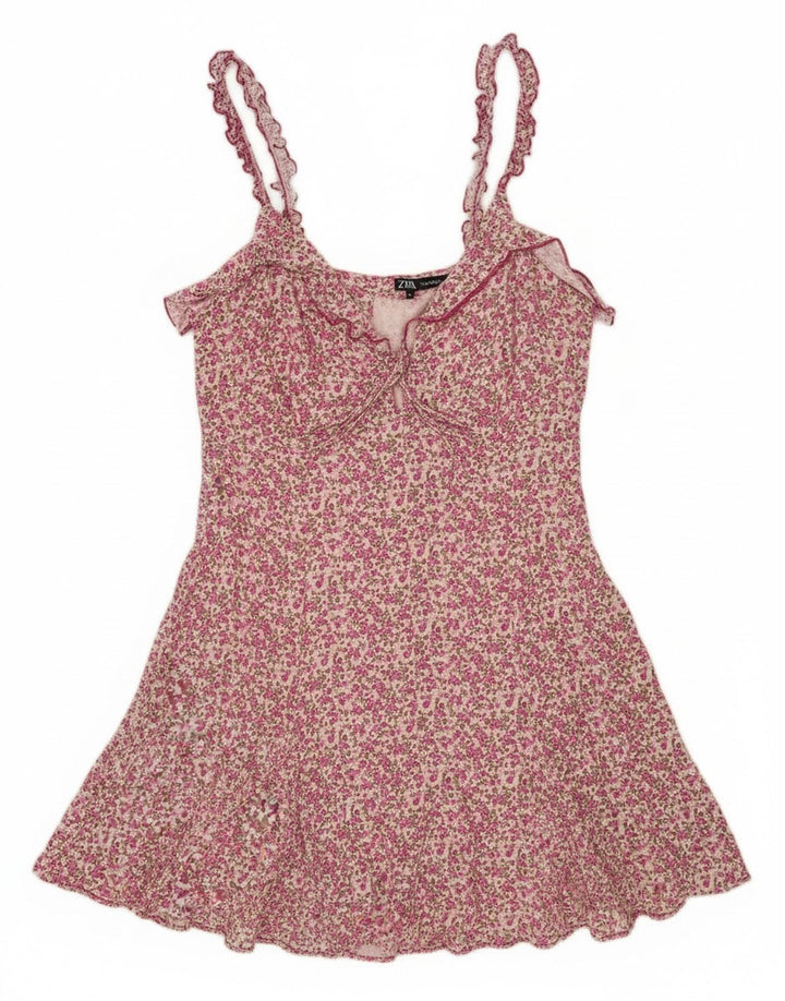 Zara Womens Ruffle Sundress UK 14 Large Pink Floral