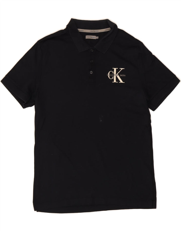 CALVIN KLEIN JEANS Mens Graphic Polo Shirt Medium Navy Blue Cotton Vintage Calvin Klein Jeans and Second-Hand Calvin Klein Jeans from Messina Hembry 