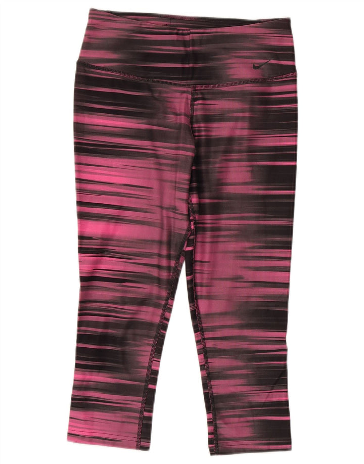 Nike Dame Dri Fit Capri Leggings UK 8/10 Small Pink Stribet Polyester