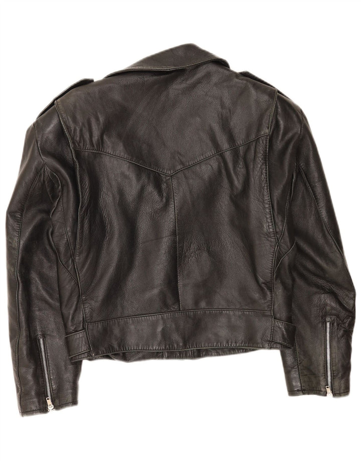 Vintage Dame Crop Læder Biker Jacket IT 46 Stort sort læder