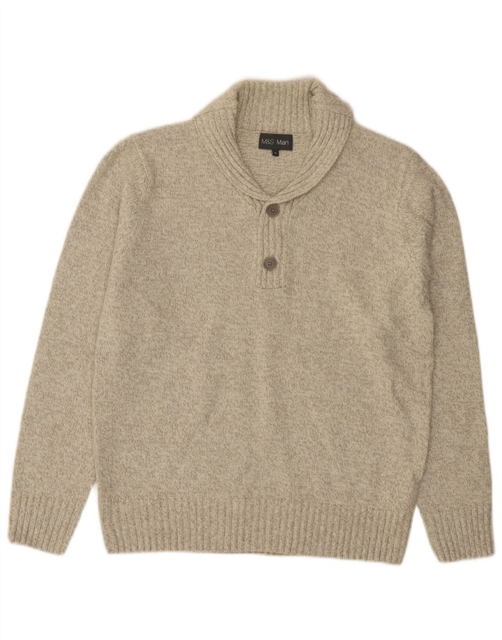 Marks & Spencer Herre Shawl Neck Jumper Sweater Medium Green Flecked Acryl